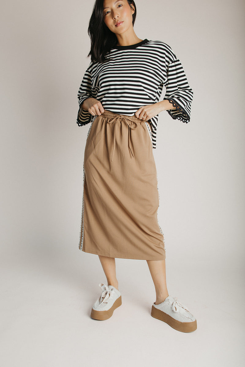 The Sloane Lace Trim Midi Skirt in Soft Mocha