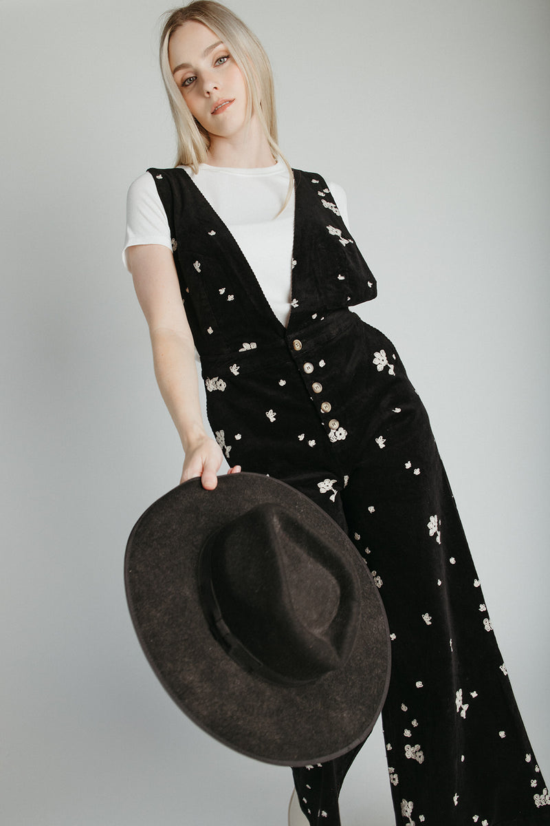 The Ammons Corduroy Embroidered Jumpsuit in Washed Black