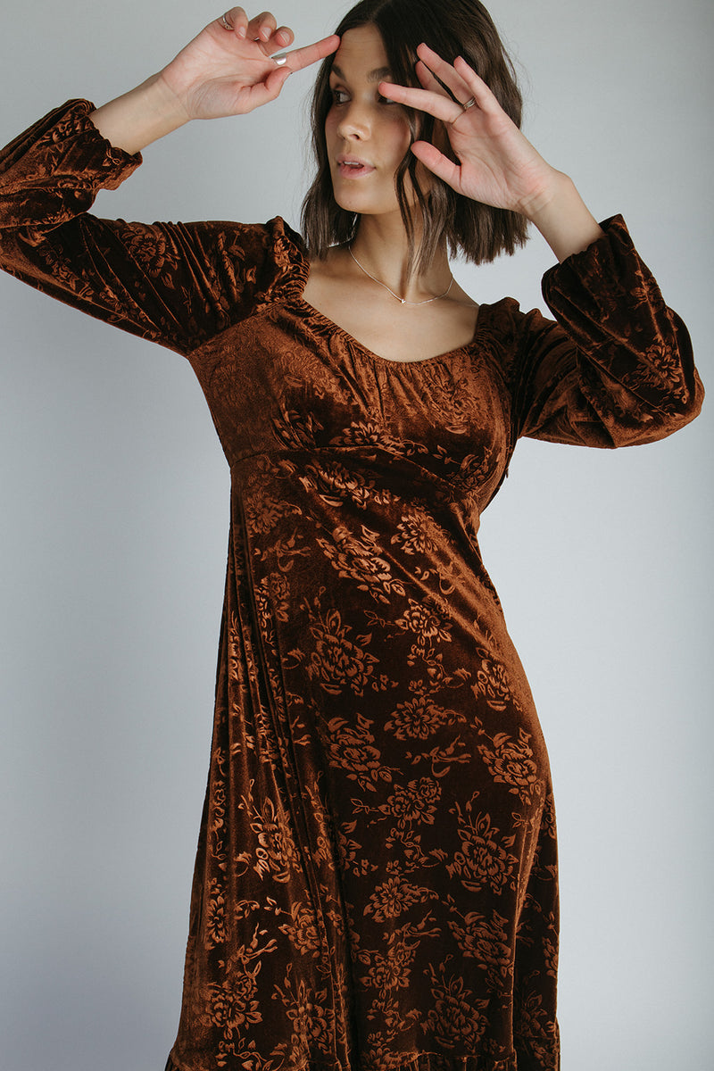 The Wilkey Velvet Embossed Maxi Dress in Mocha
