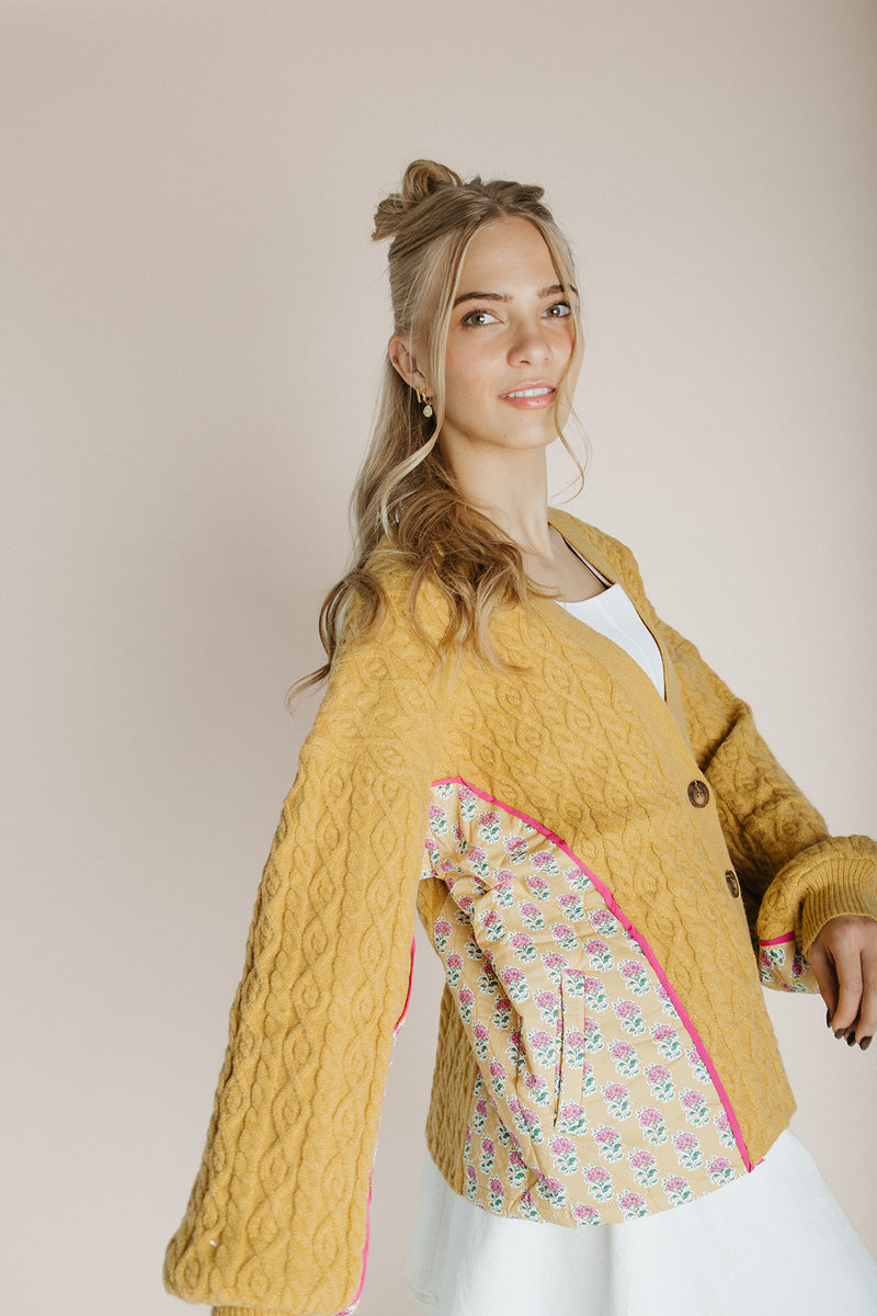 The Alberts Floral Printed Cardigan in Mustard + Pink