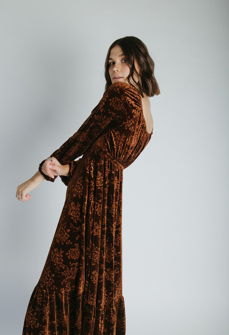 The Wilkey Velvet Embossed Maxi Dress in Mocha