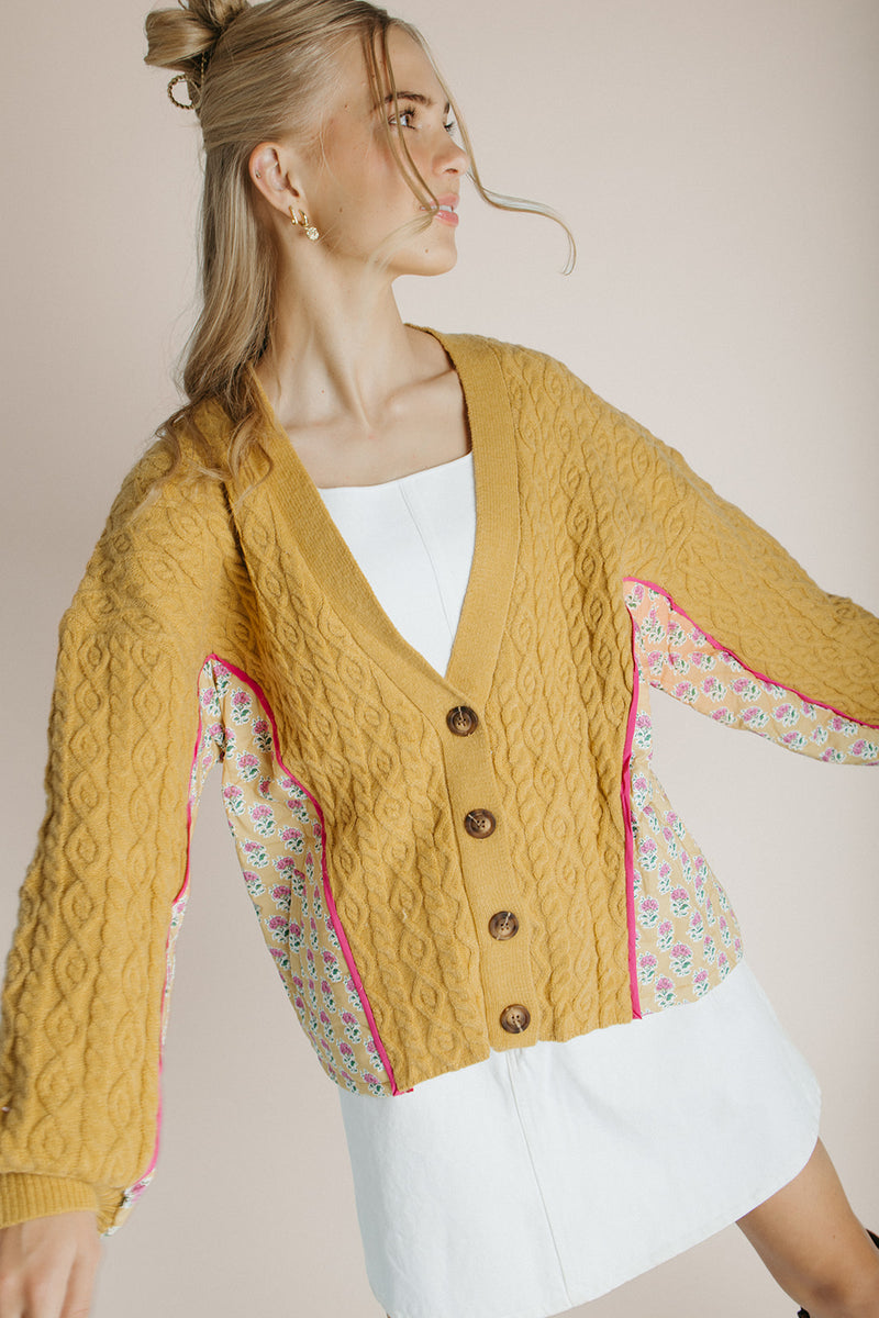The Alberts Floral Printed Cardigan in Mustard + Pink