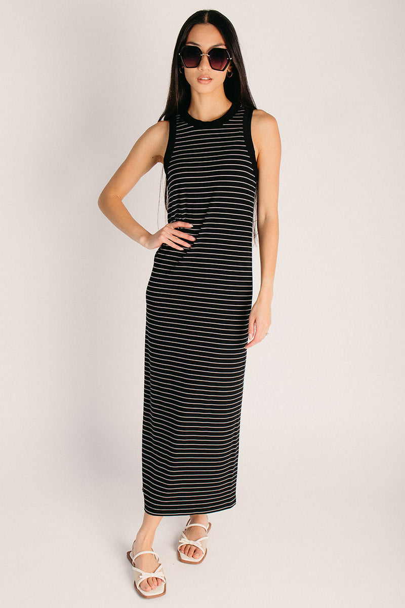 The Libero Striped Ribbed Knit Dress in Ivory + Black Medium The Libero Striped Ribbed Knit Dress in Ivory + Black Medium