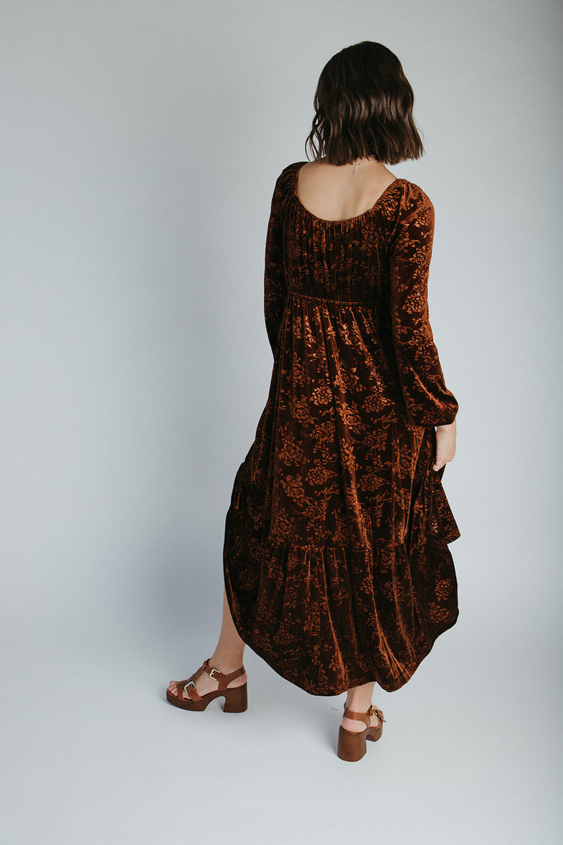 The Wilkey Velvet Embossed Maxi Dress in Mocha