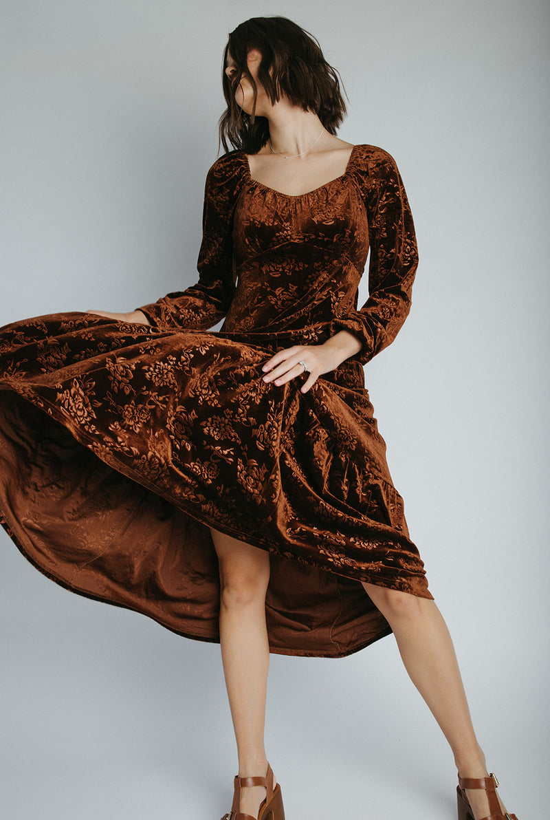 The Wilkey Velvet Embossed Maxi Dress in Mocha
