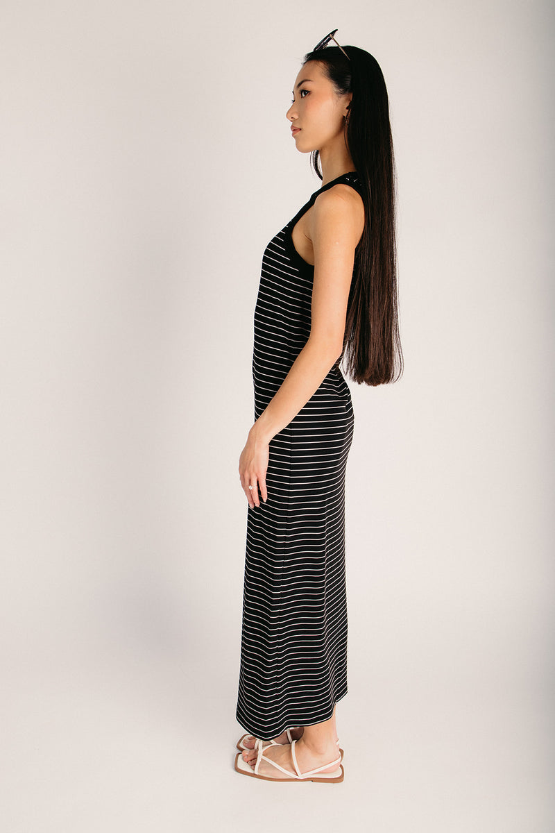 The Libero Striped Ribbed Knit Dress in Ivory + Black Medium The Libero Striped Ribbed Knit Dress in Ivory + Black Medium