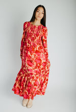 The Kensley Smocked Bodice Maxi Dress in Red Floral