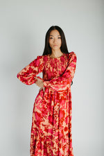 The Kensley Smocked Bodice Maxi Dress in Red Floral