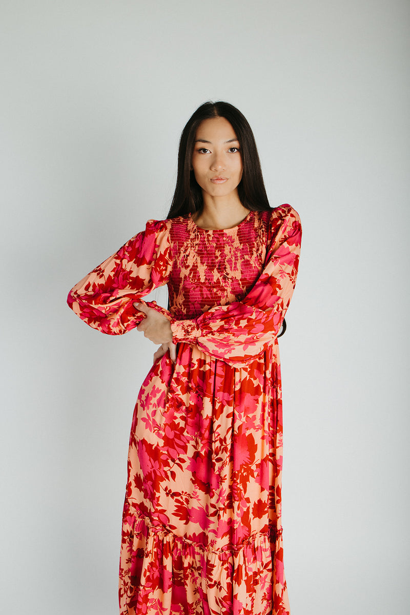 The Kensley Smocked Bodice Maxi Dress in Red Floral