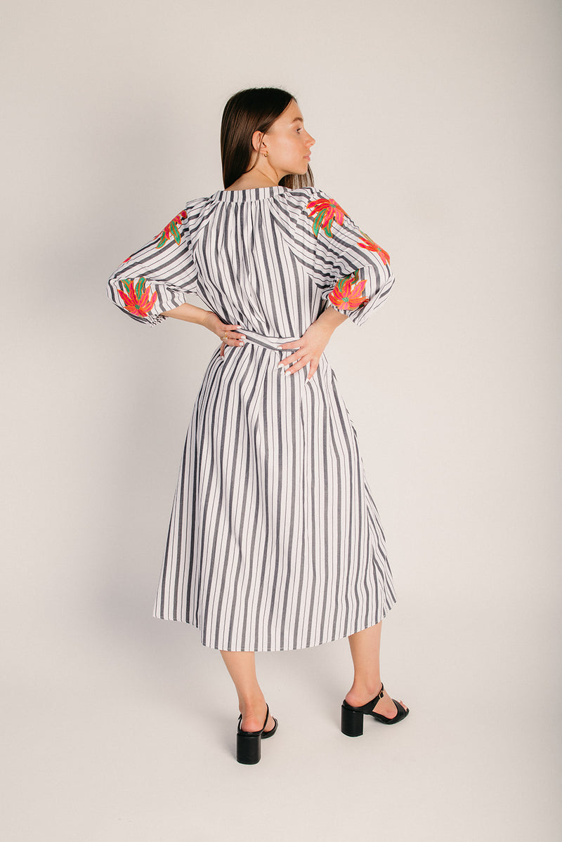 black and white striped midi dress The Zellmer Striped Midi Dress in Black Small