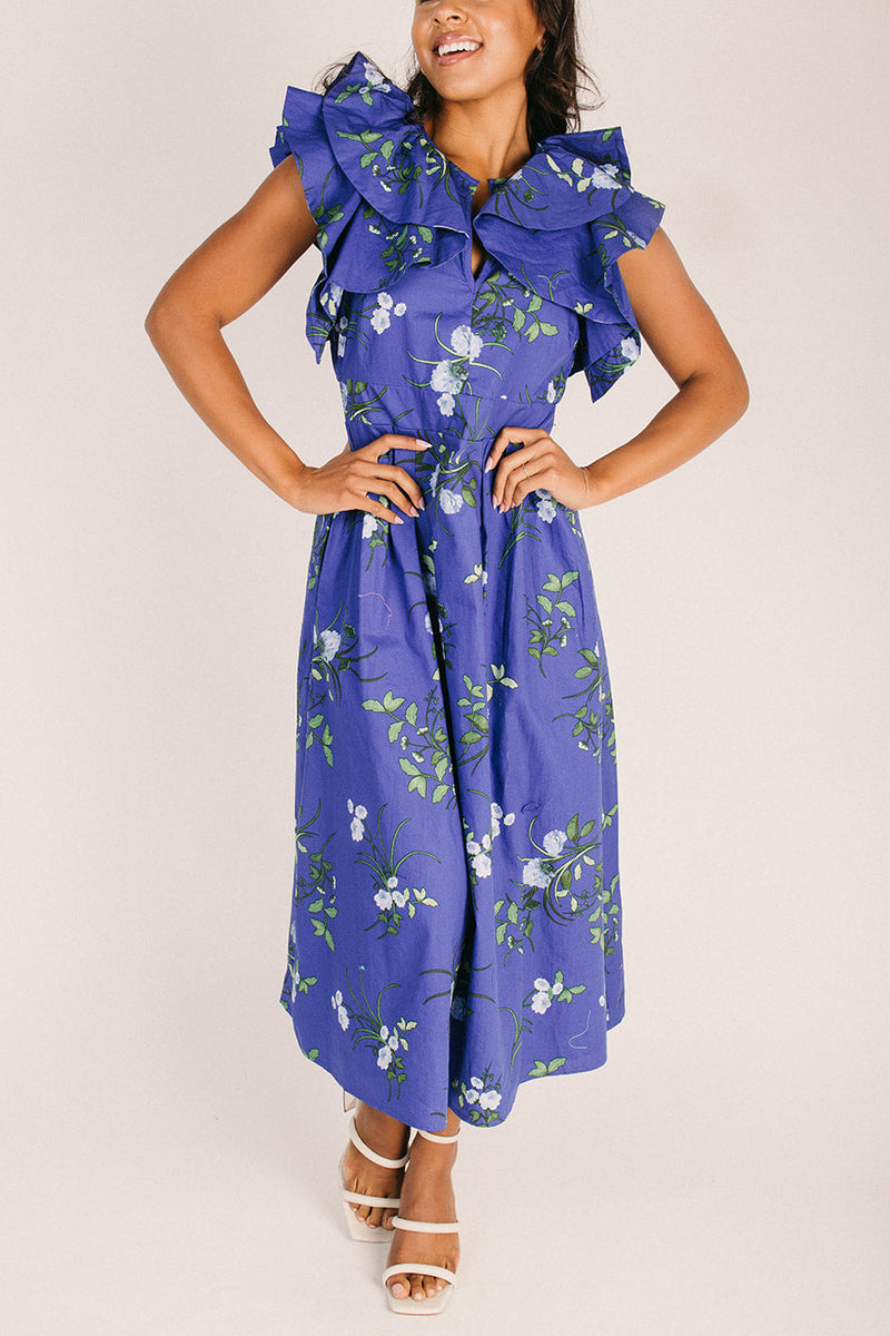 The Sendra Tie Back Midi Dress in Navy Blue + Green X-Small The Sendra Tie Back Midi Dress in Navy Blue + Green X-Small