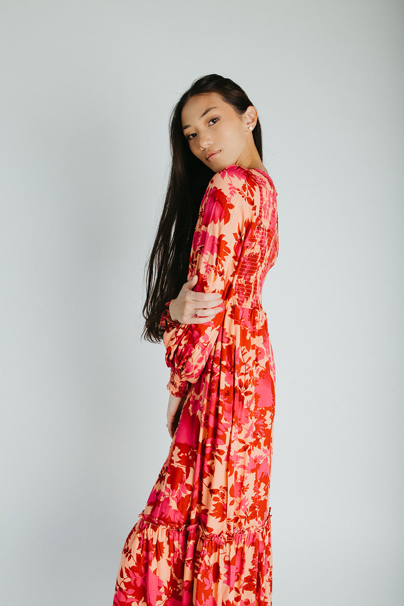 The Kensley Smocked Bodice Maxi Dress in Red Floral