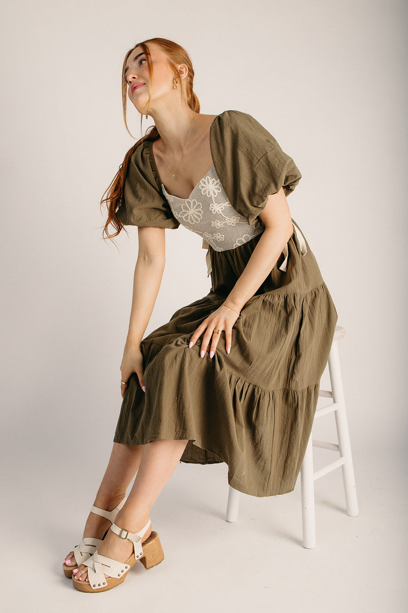 olive green crochet dress The Ballif Crochet Bust Midi Dress in Olive Small
