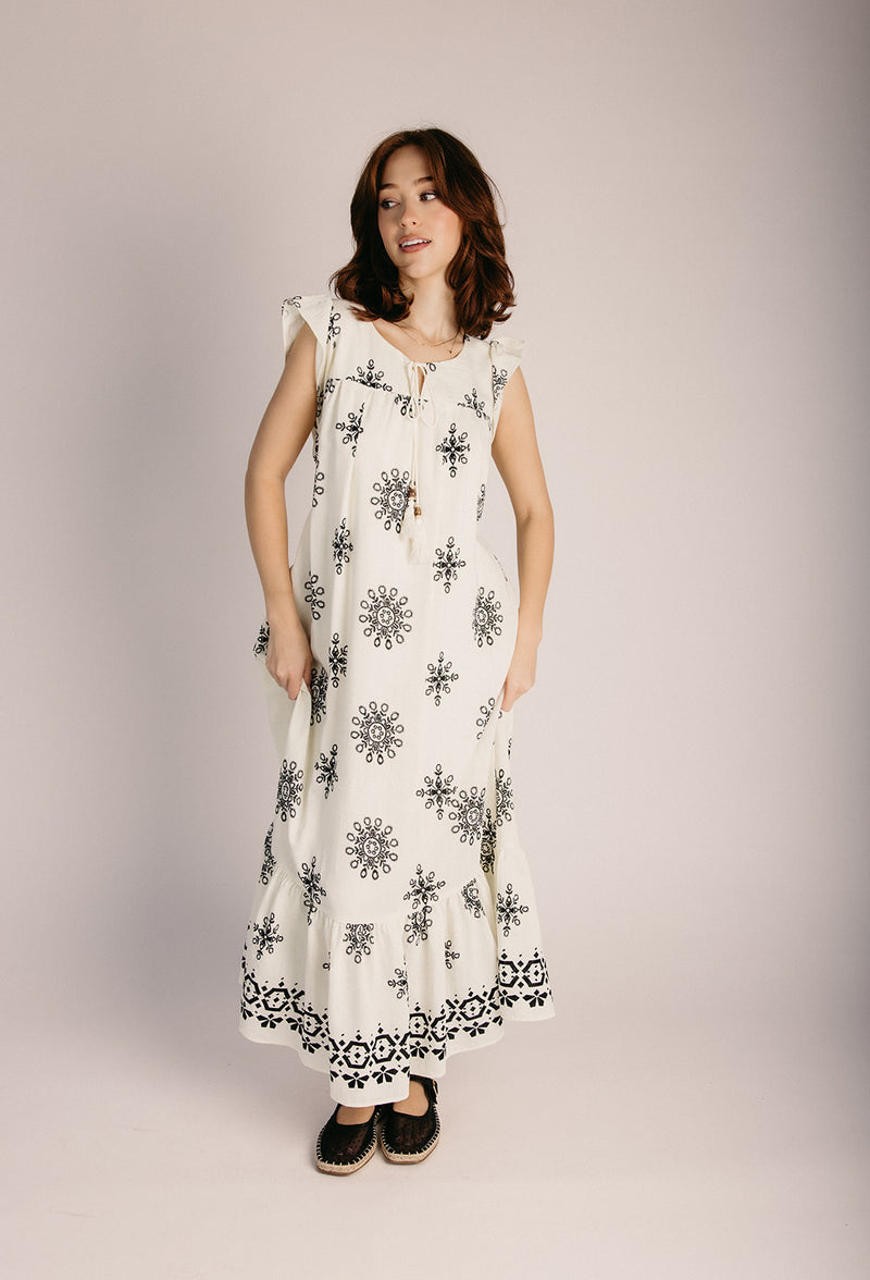 The Jerrick Patterned Midi Dress in Cream + Black Small