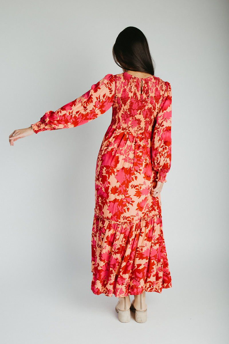 The Kensley Smocked Bodice Maxi Dress in Red Floral