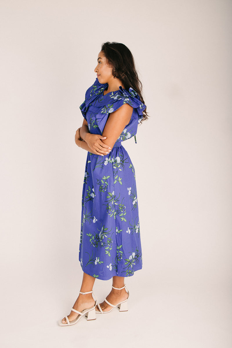 The Sendra Tie Back Midi Dress in Navy Blue + Green