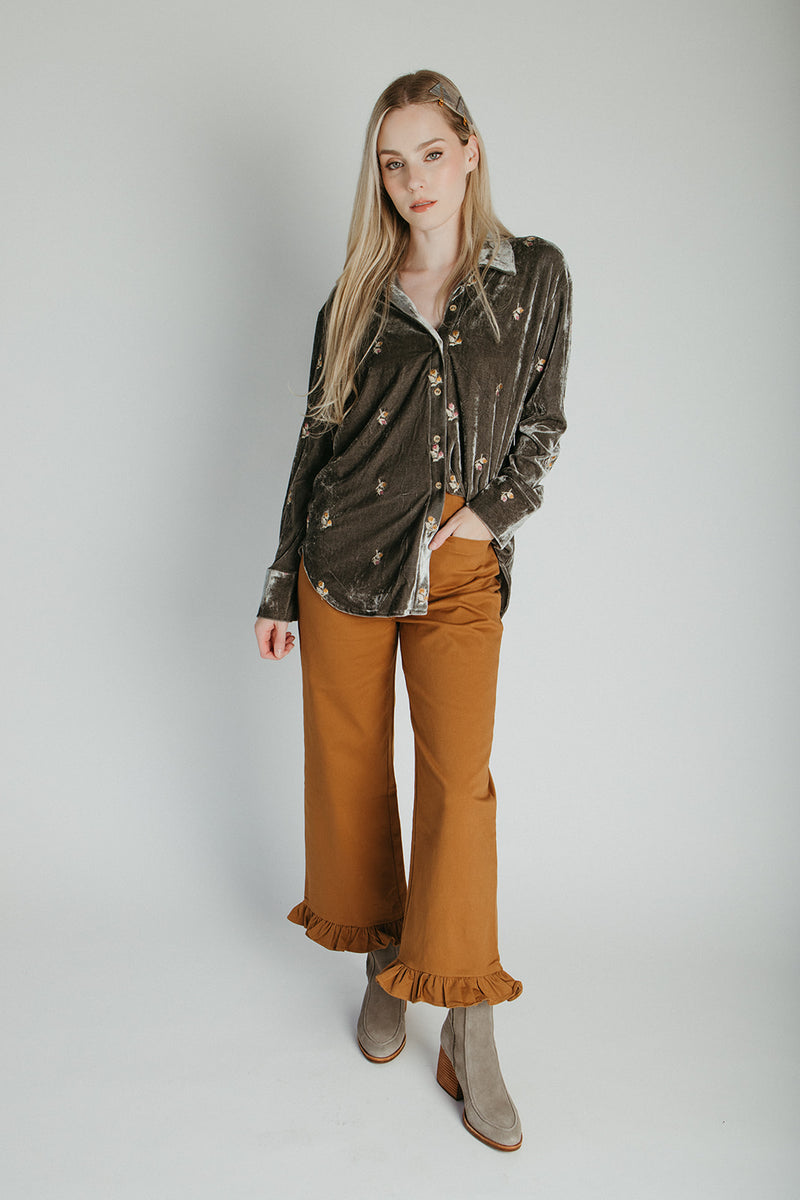 The Talulah Embroidered Blouse in Olive Velvet