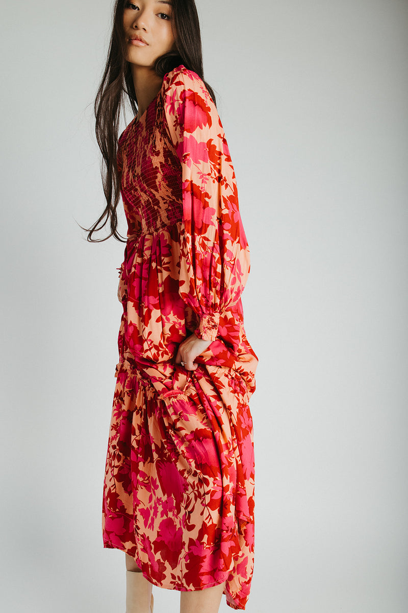 The Kensley Smocked Bodice Maxi Dress in Red Floral
