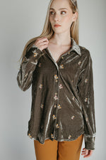 The Talulah Embroidered Blouse in Olive Velvet