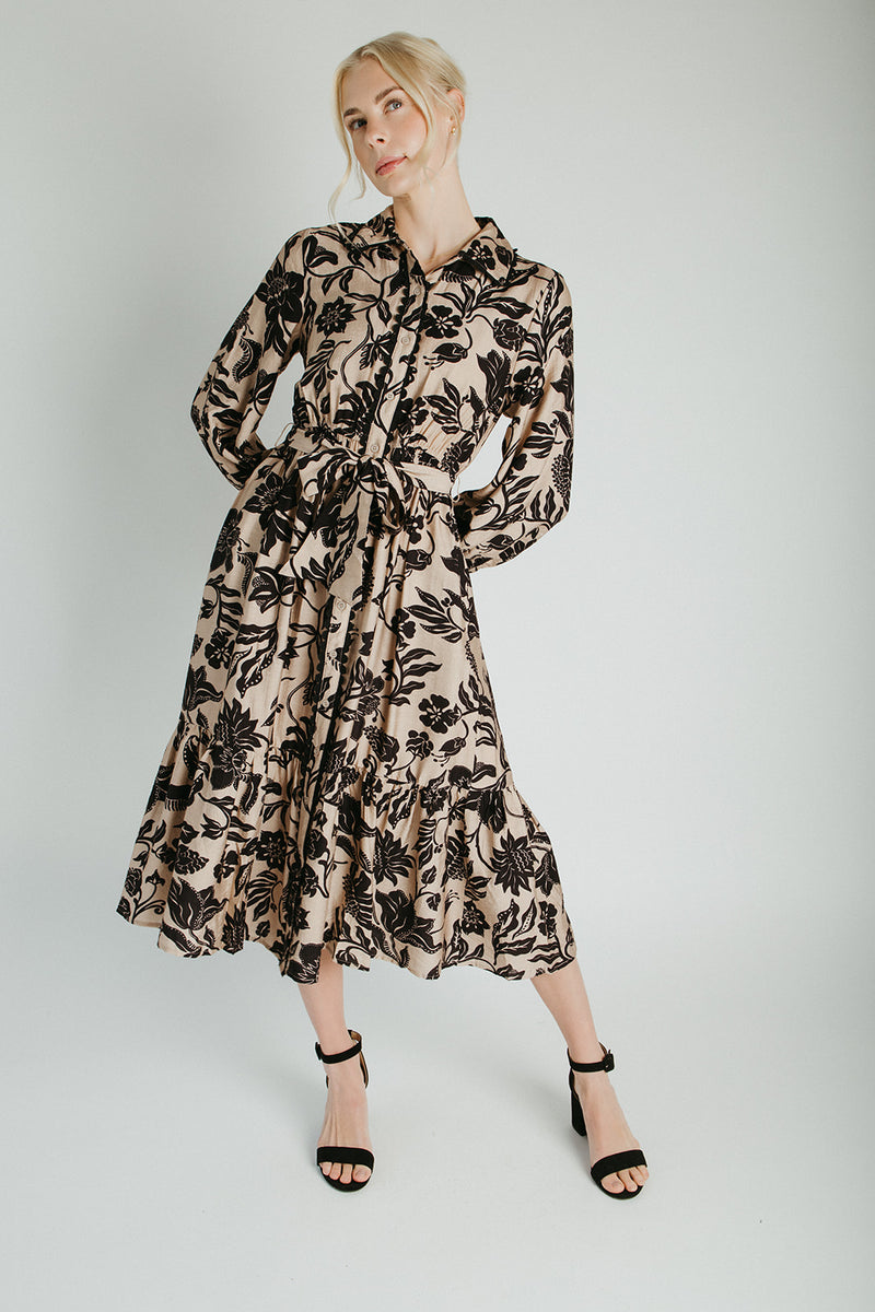The Martinka Floral Button-Up Midi Dress in Oatmeal