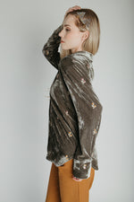 The Talulah Embroidered Blouse in Olive Velvet