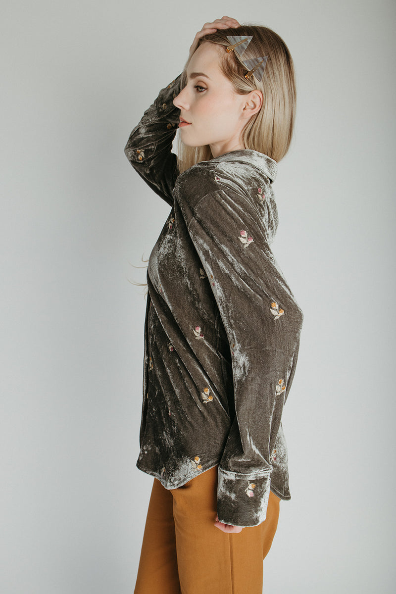 The Talulah Embroidered Blouse in Olive Velvet