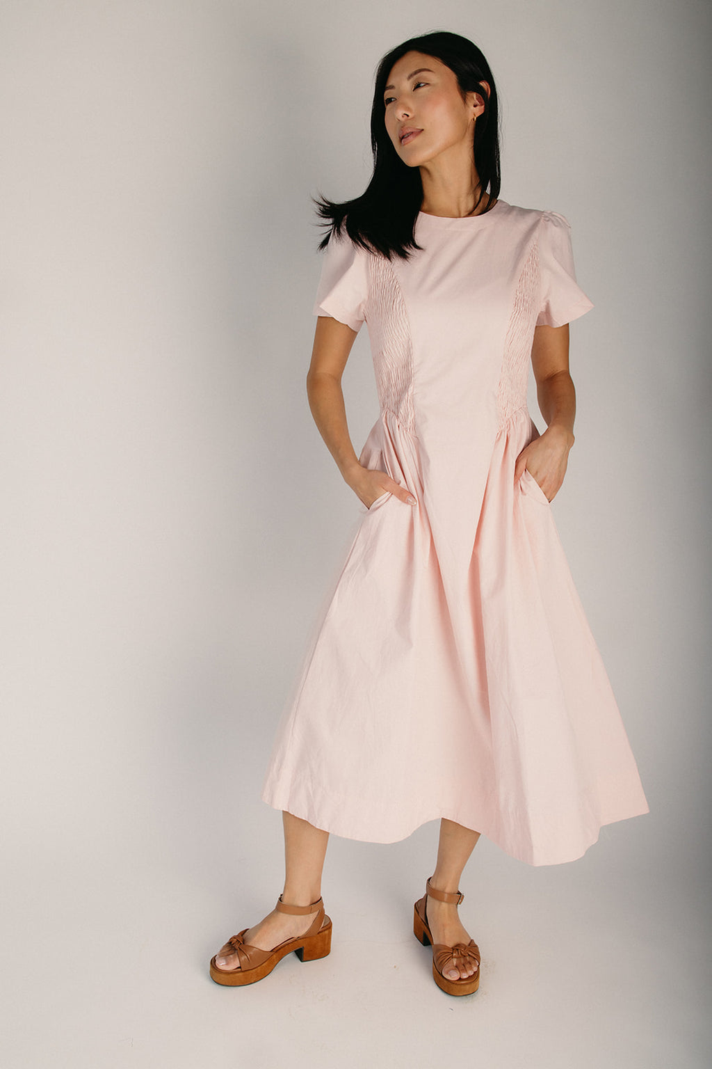 pink smocked midi dress The Bryan Smocked Midi Dress in Pale Pink – Piper & Scoot