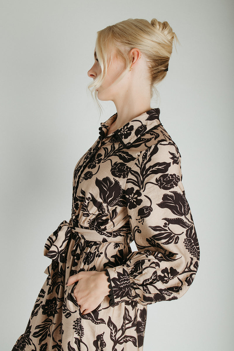 The Martinka Floral Button-Up Midi Dress in Oatmeal
