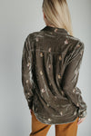 The Talulah Embroidered Blouse in Olive Velvet
