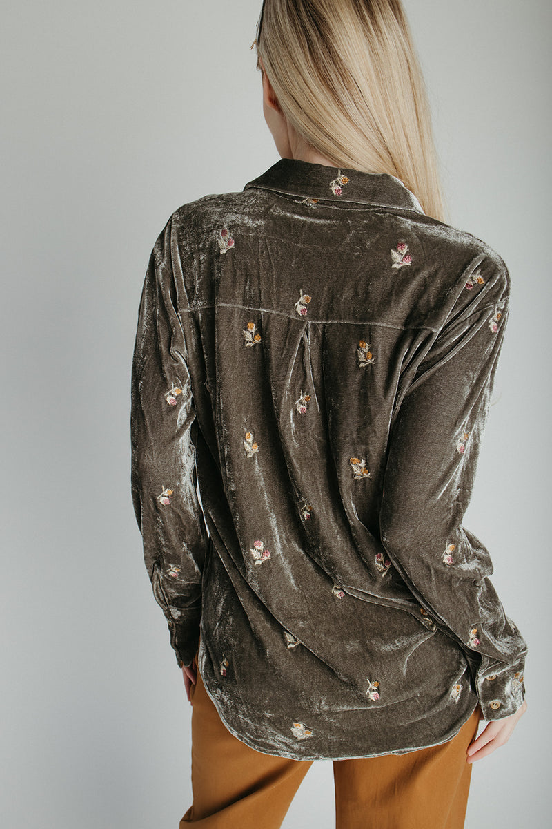 The Talulah Embroidered Blouse in Olive Velvet