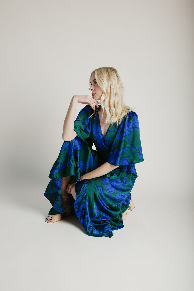 The Busbee Floral Wrap Dress in Emerald Multi