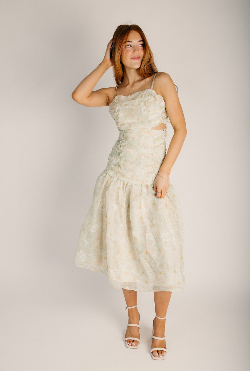 The Shayna Ruched Detail Midi Dress in Cream + Sage Multi Medium