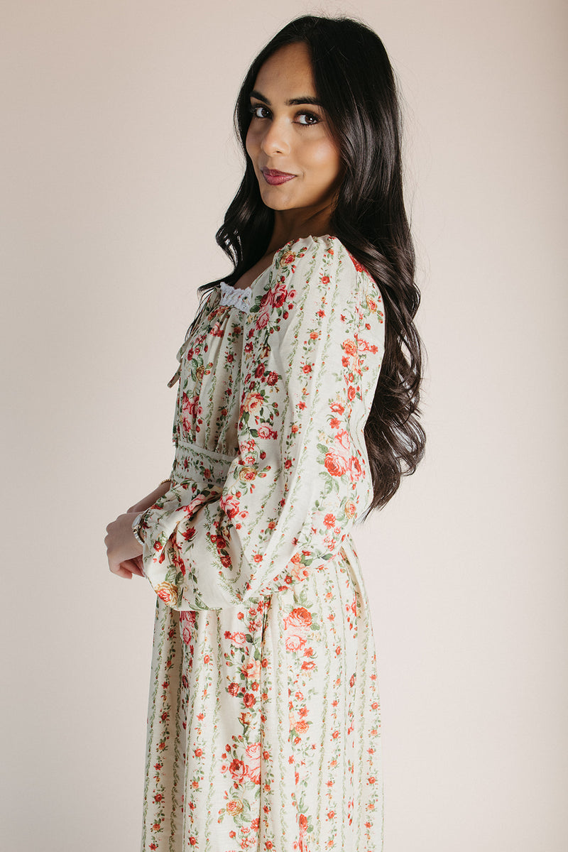 The Lorren Eyelet Detail Midi Dress in Natural Floral