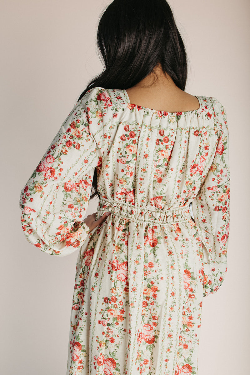 The Lorren Eyelet Detail Midi Dress in Natural Floral