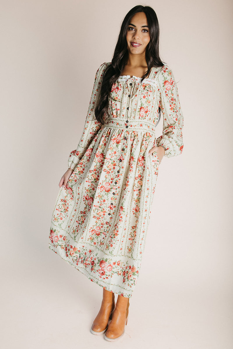 The Lorren Eyelet Detail Midi Dress in Natural Floral