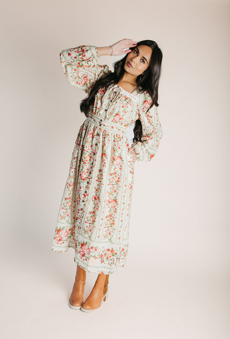 The Lorren Eyelet Detail Midi Dress in Natural Floral
