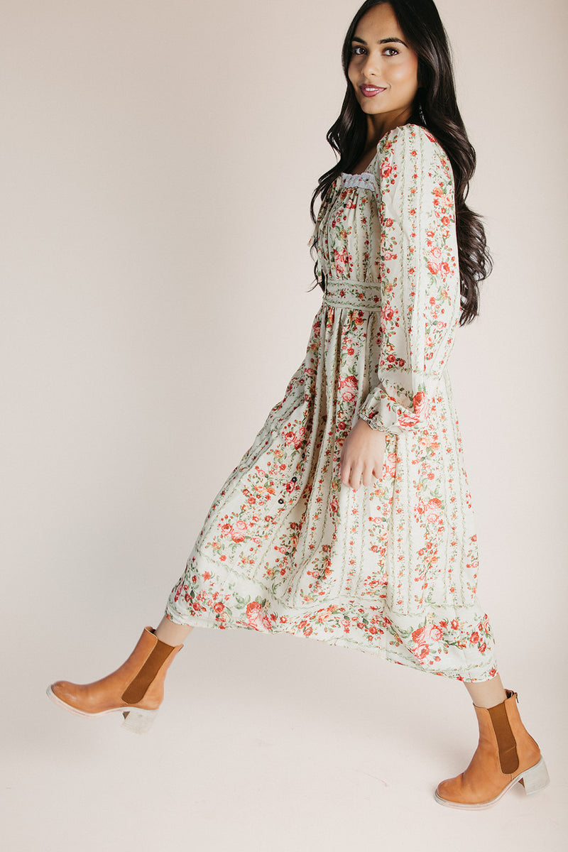 The Lorren Eyelet Detail Midi Dress in Natural Floral