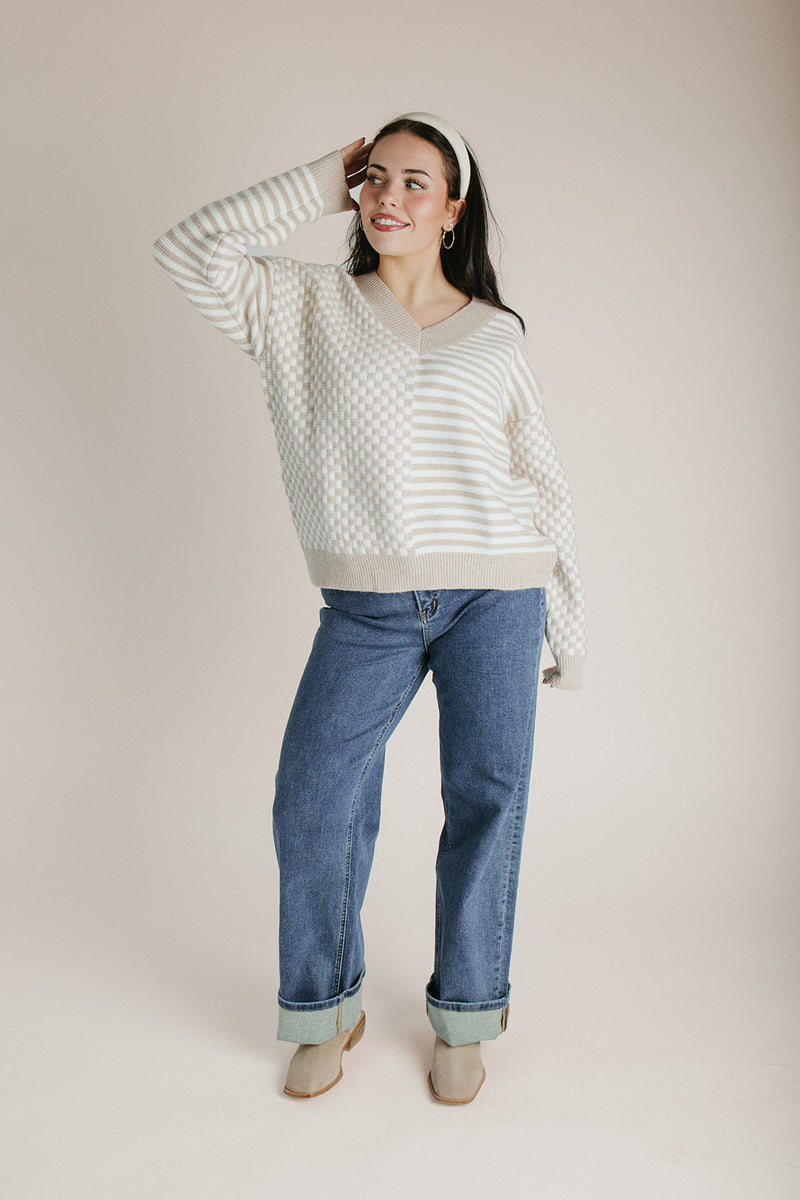 The Keesler Drop Shoulder Sweater in Ivory + Taupe