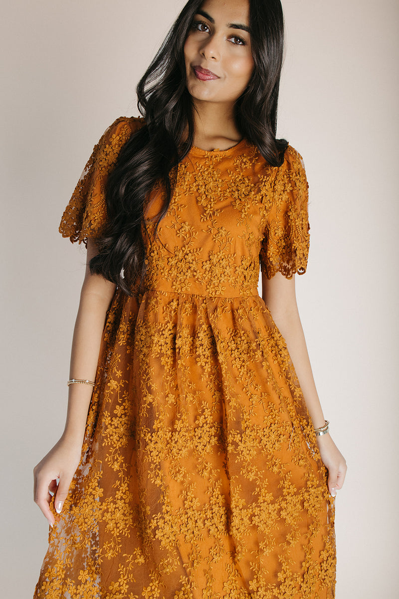 The Germaine Embroidered Overlay Midi Dress in Sienna