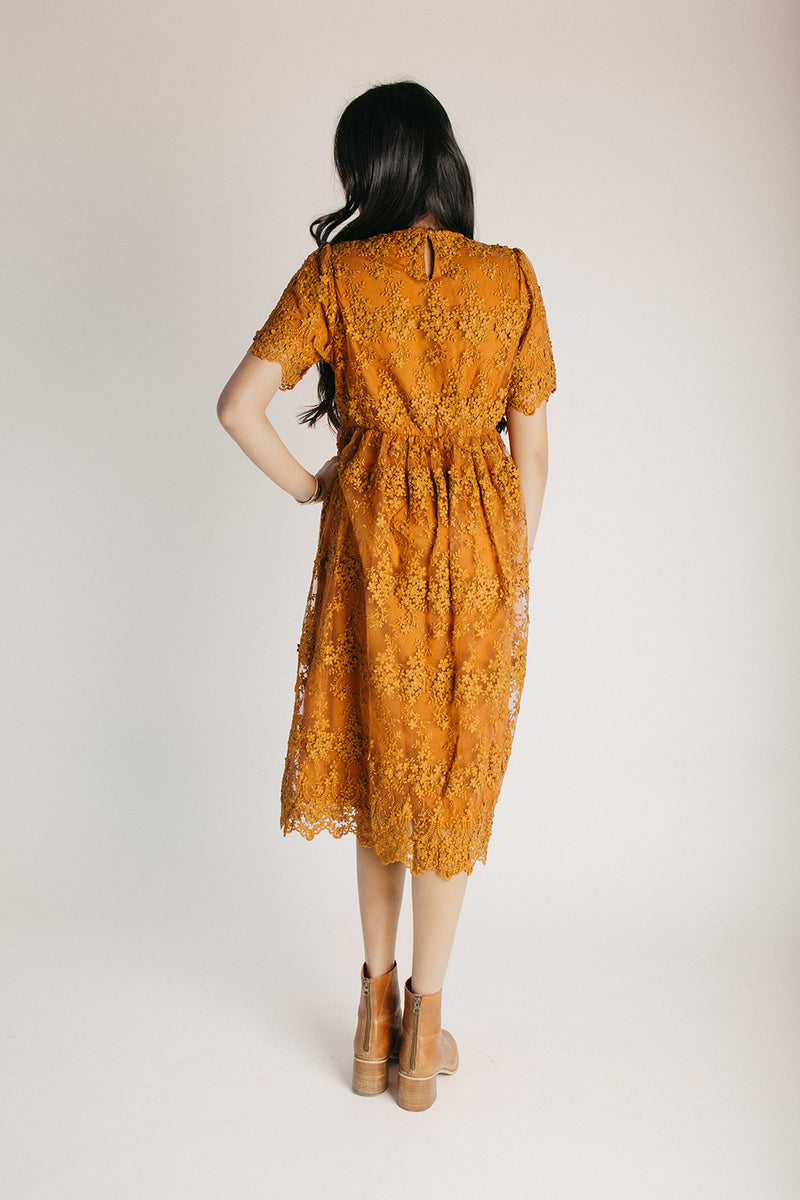 The Germaine Embroidered Overlay Midi Dress in Sienna