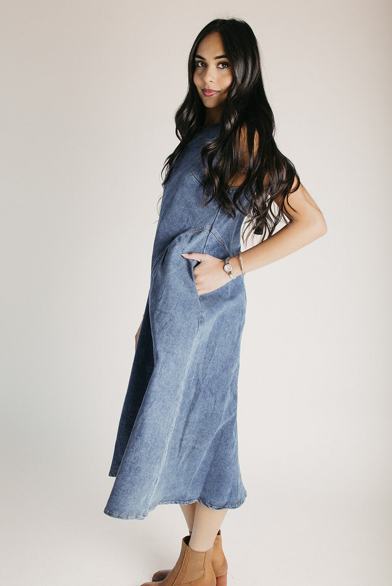 The Gleason Denim Midi Dress in Medium Wash