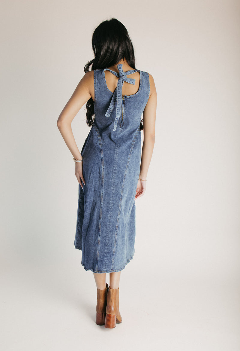 The Gleason Denim Midi Dress in Medium Wash