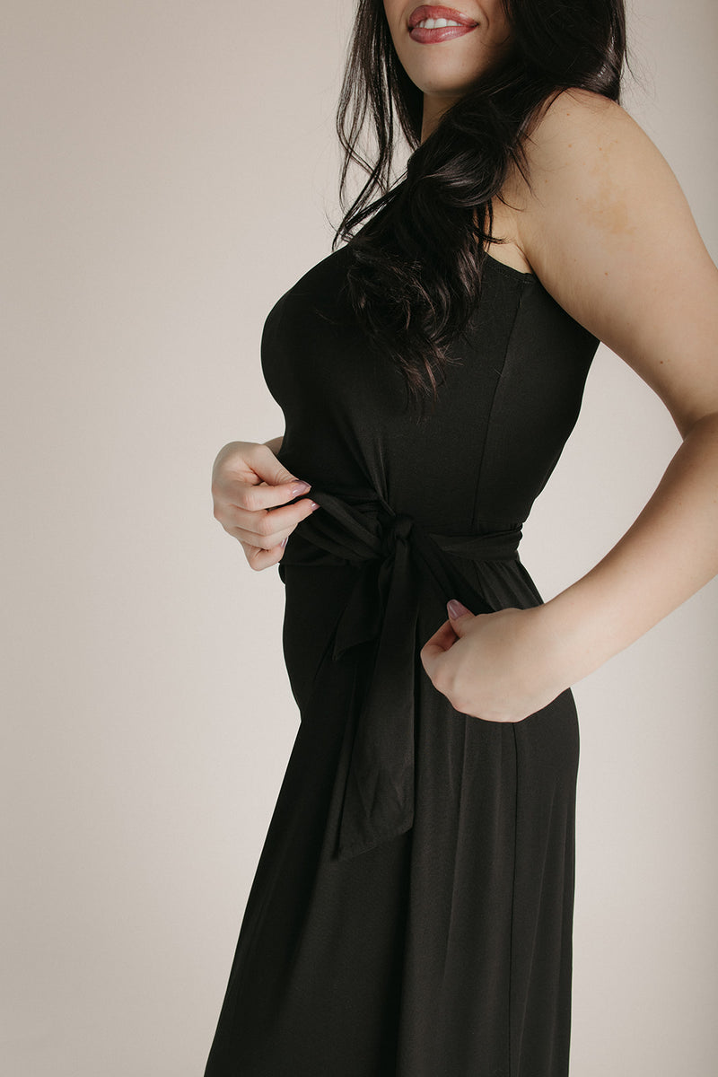 The Amary Draped Detail Midi Dress in Black