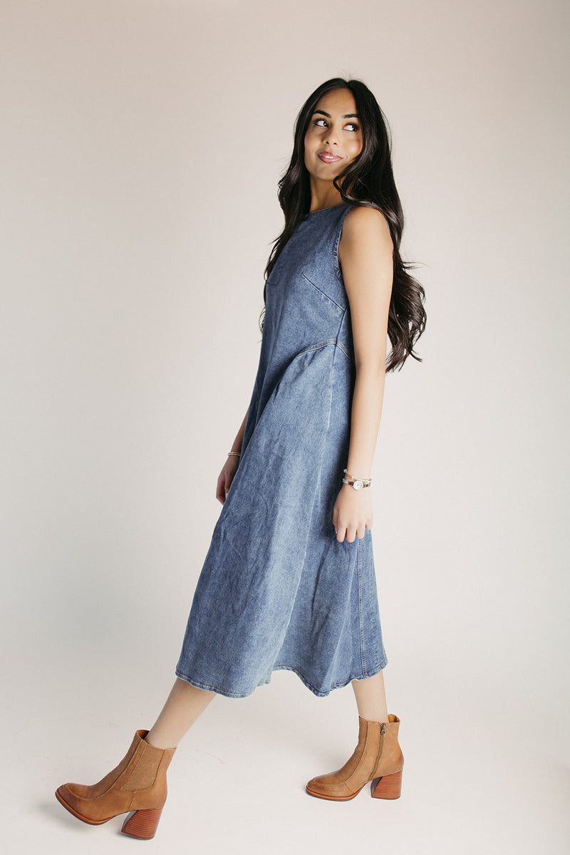 The Gleason Denim Midi Dress in Medium Wash