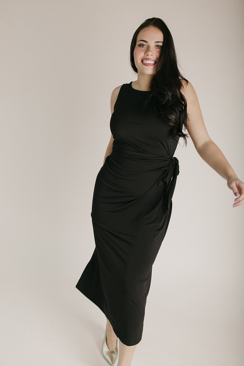 The Amary Draped Detail Midi Dress in Black