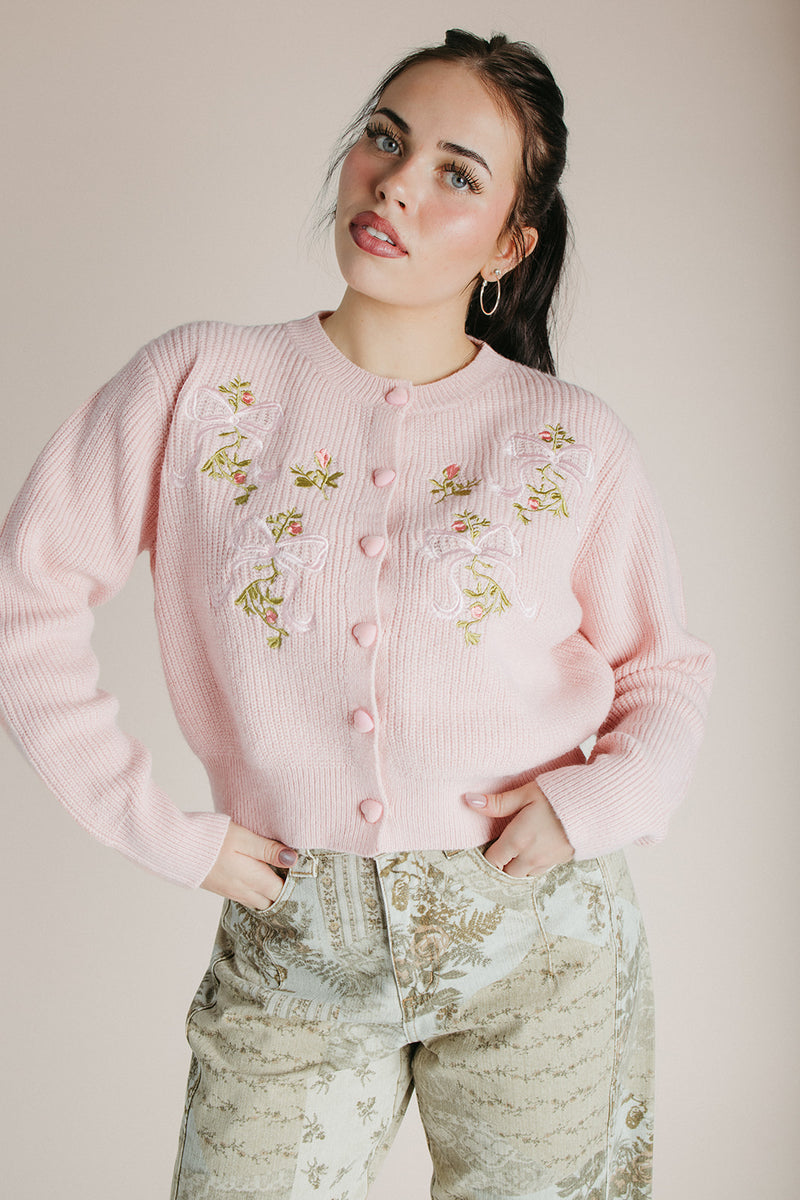 The Gargano Ribbon Embroidered Cardigan in Blush