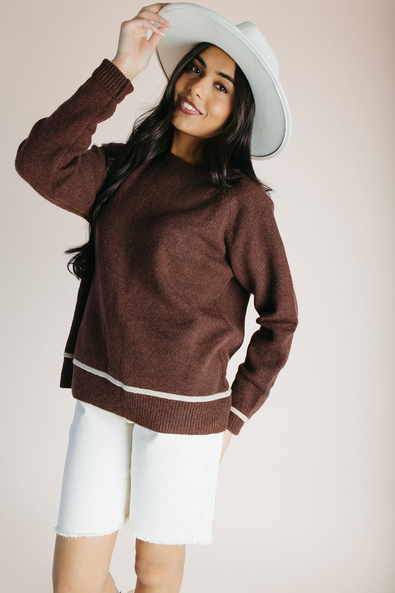 The Karina Contrast Sweater in Brown + Taupe