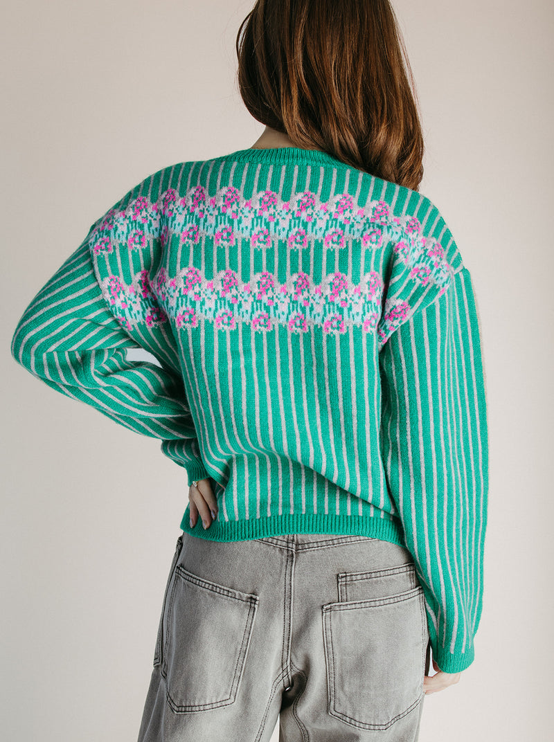 The Romie Striped Cardigan in Green + Grey