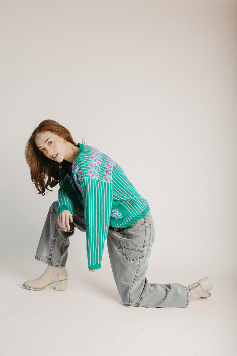 The Romie Striped Cardigan in Green + Grey