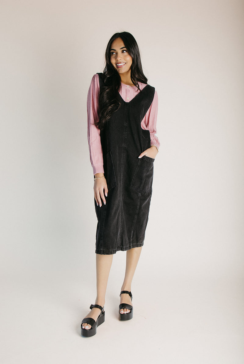 The Caffery Denim Overall Dress in Black